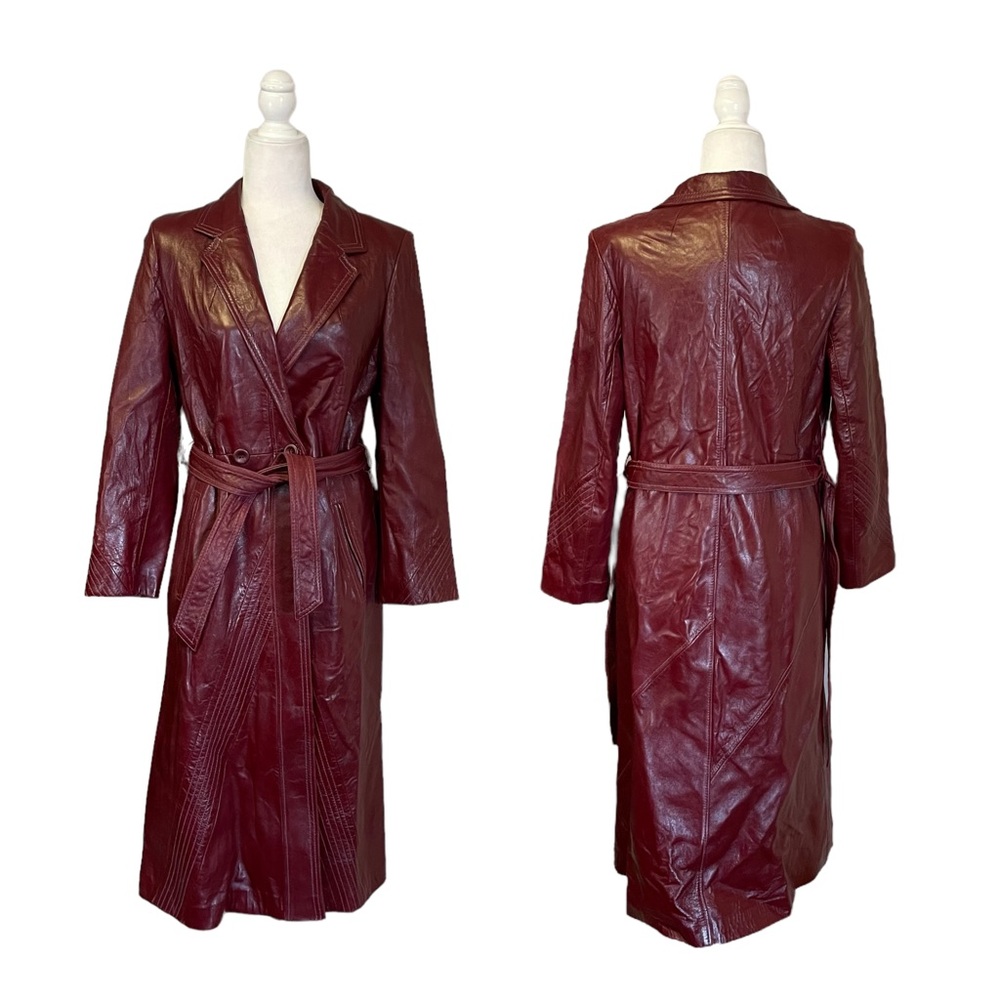 Vintage 70s Skin Gear Burgundy 100% Leather Belted Duster Long Line Coat